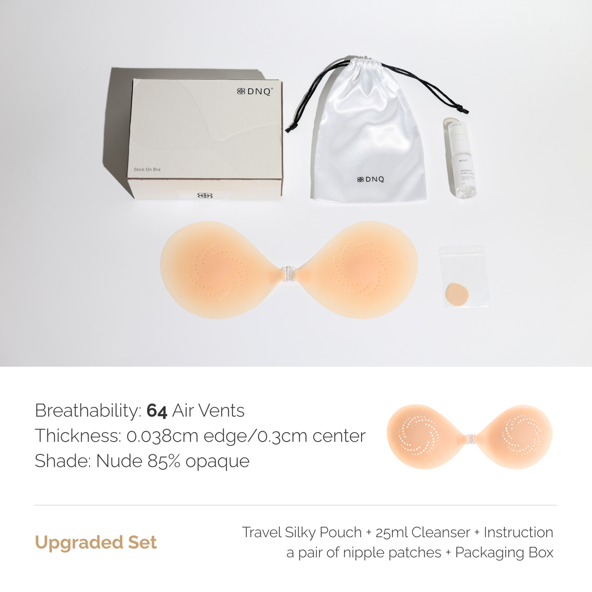 Upgraded Set — 64 air vents, 0.038cm edge, Nude 85% opaque, with travel silky pouch, 25ml cleanser, nipple patches, box and instructions