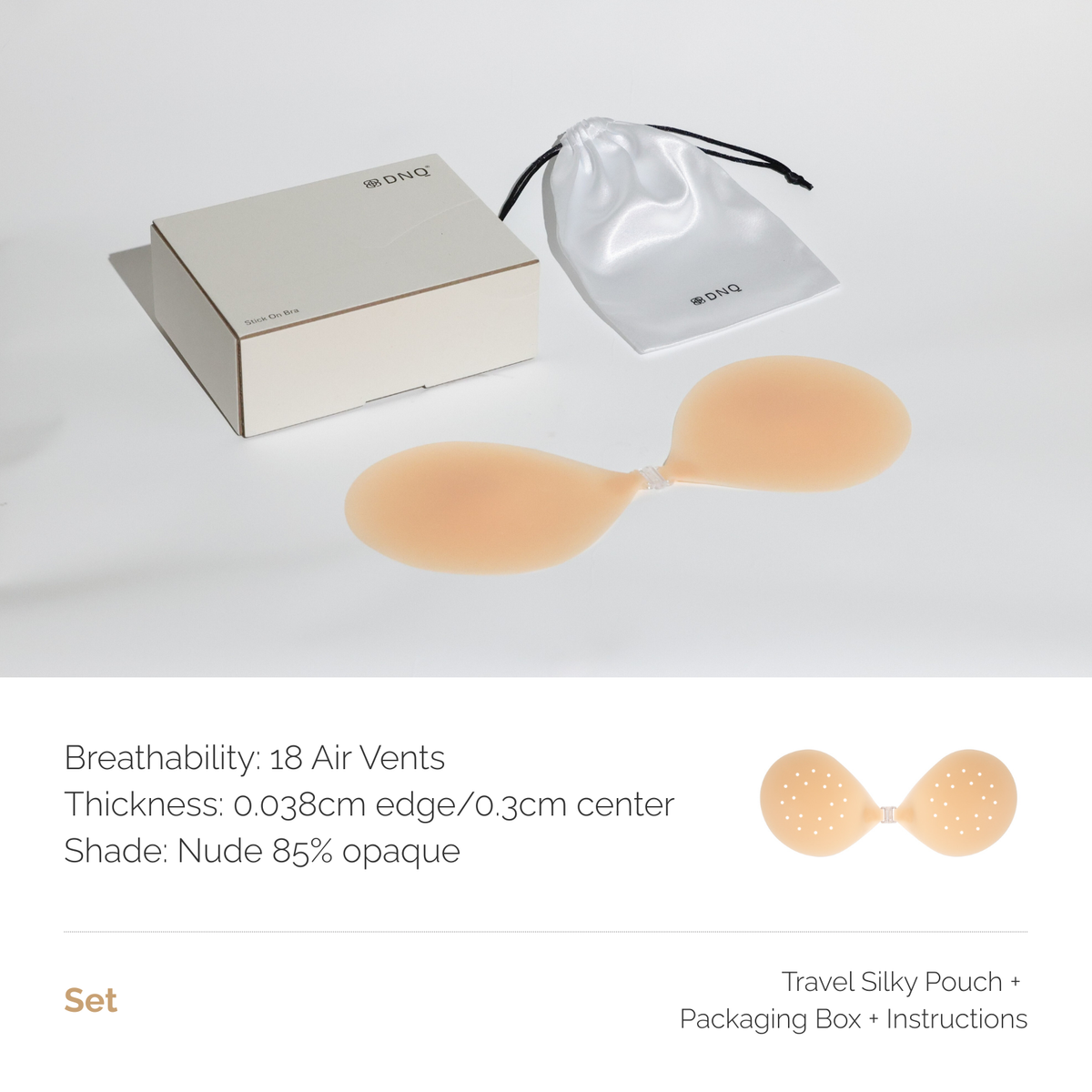 Set — 18 air vents, 0.038cm edge, Nude 85% opaque, with travel silky pouch, box and instructions