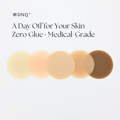Zero non-adhesive nipple covers shown in five skin shades — zero glue, medical-grade silicone