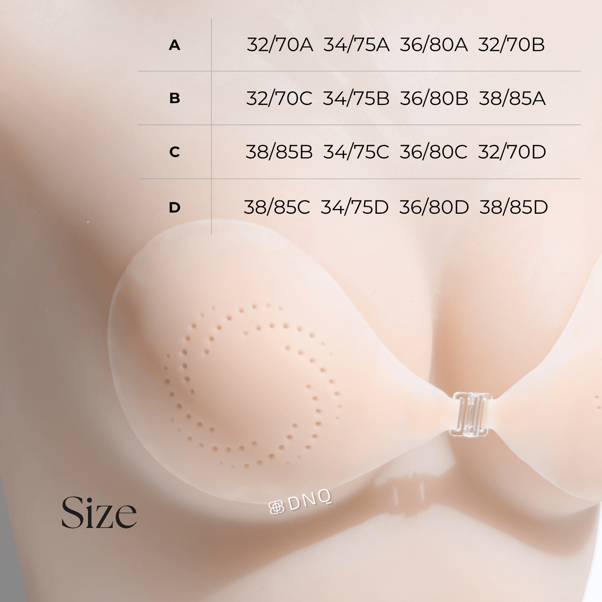 Size chart — Mist cups A to D with the matching bra sizes